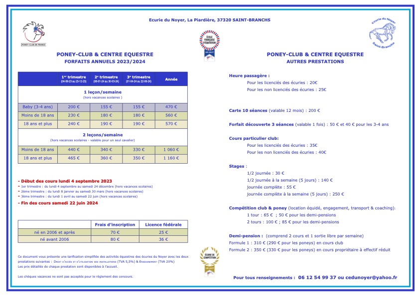 tarifs poney club 2023